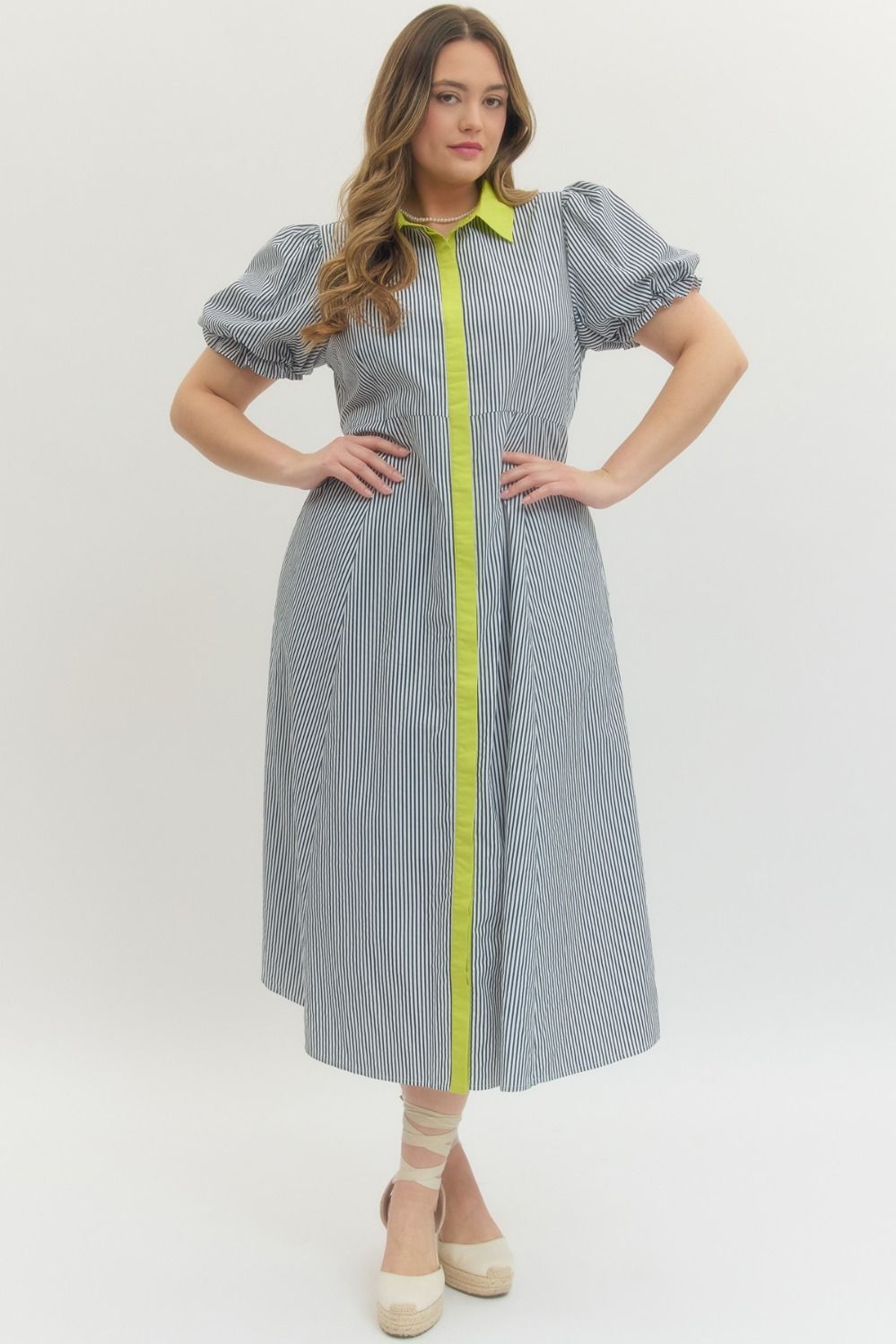 ENTRO Striped Puff Sleeve Midi With Contrast Collar In Navy PLUS Size