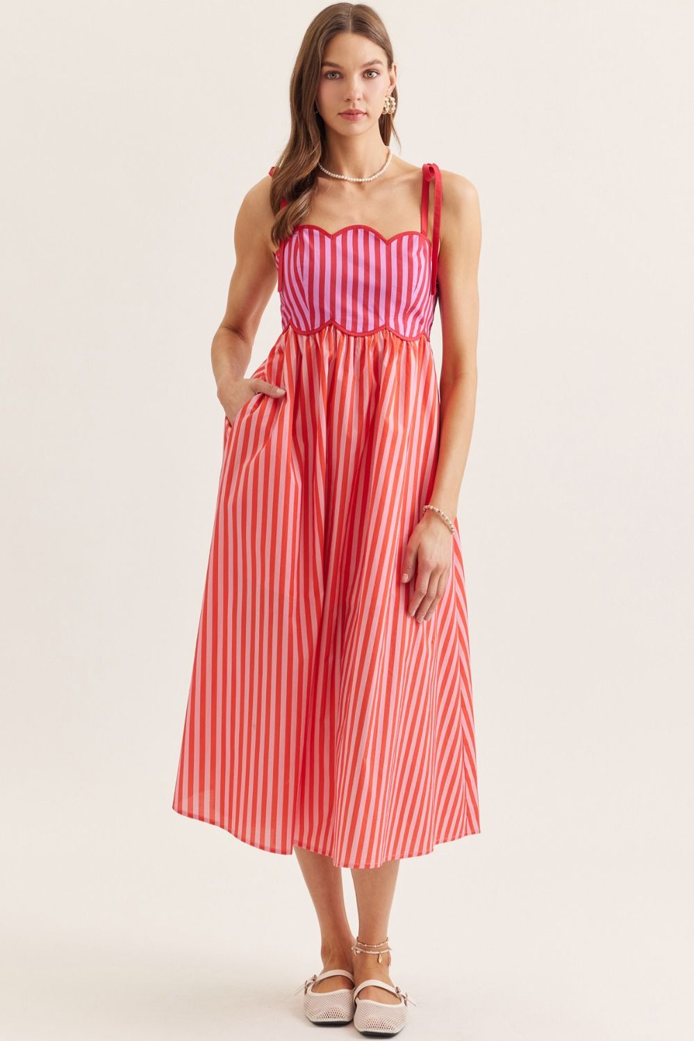 ENTRO Contrast Stripe Sleeveless Midi Dress In Red Pink