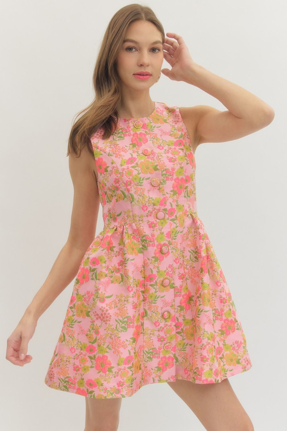 ENTRO Floral Sleeveless Mini Dress With Front Buttons In Pink