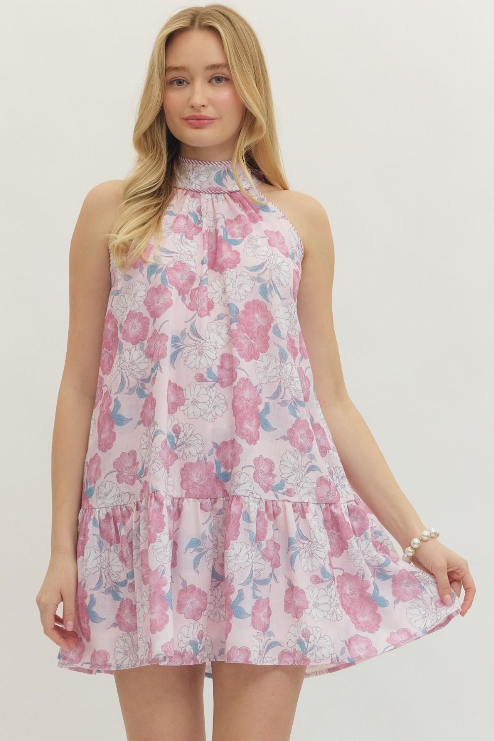 Entro Botanical Print Halter Mini Dress In Pink