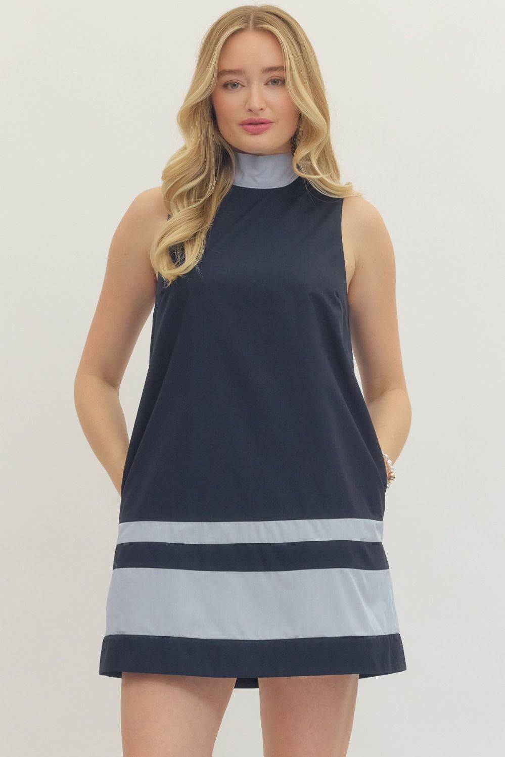ENTRO Solid Sleeveless Mini Dress With Contrast Trim In Navy
