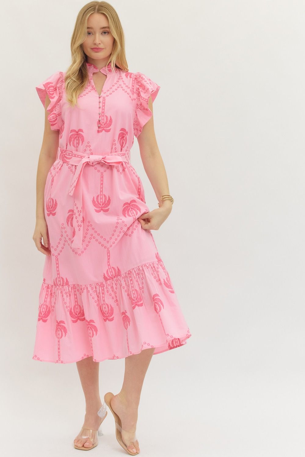 ENTRO Solid Flutter Sleeve Midi Dress With Embroidered Detail In Pink