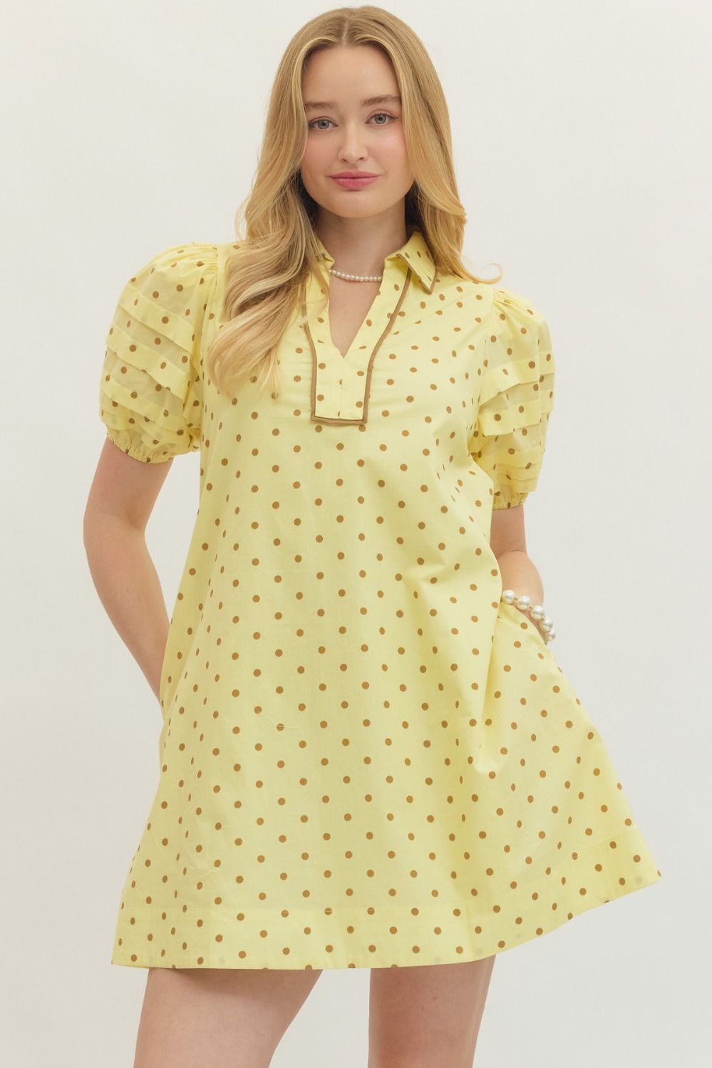 ENTRO Polka Dot Mini Dress In Lemon