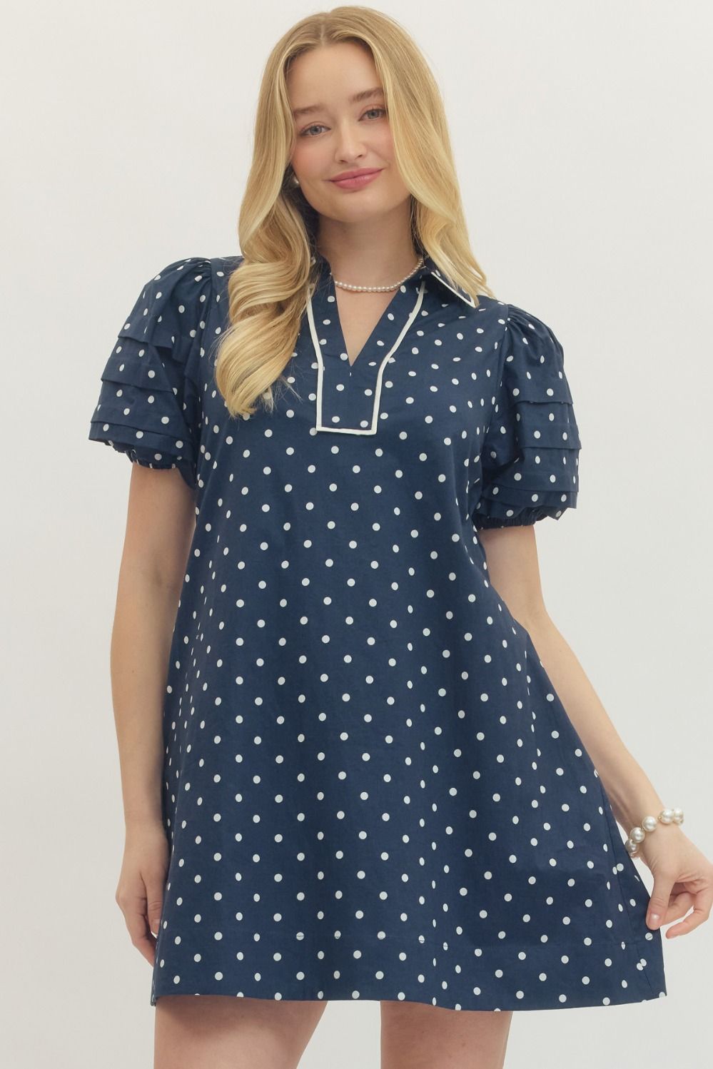 ENTRO Polka Dot Mini Dress In Navy