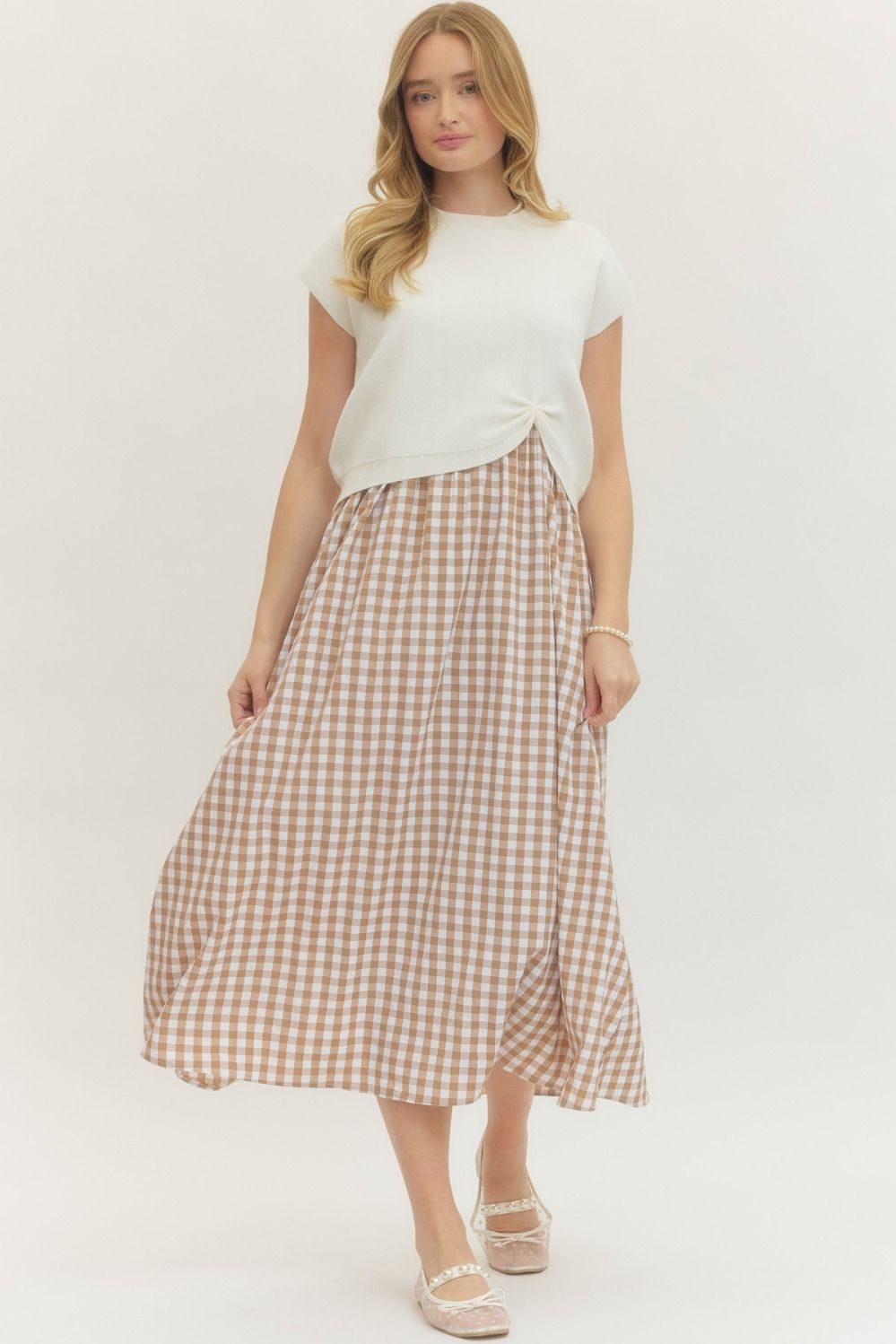 ENTRO Gingham Midi Dress With Removable Pullover In Cream