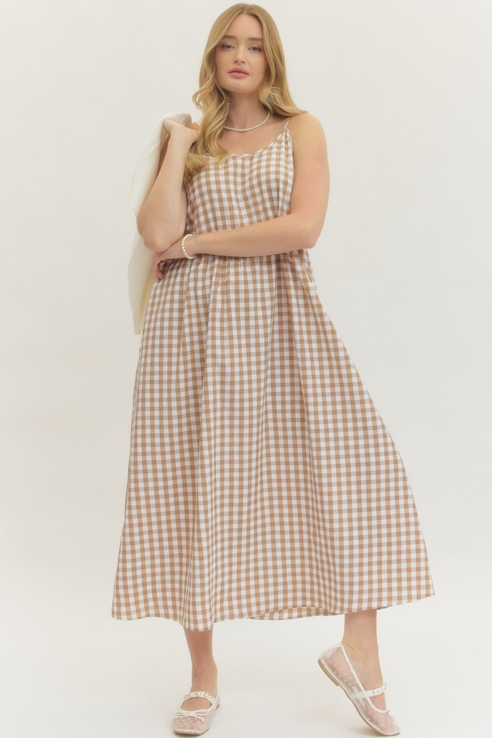 ENTRO Gingham Midi Dress With Removable Pullover In Cream