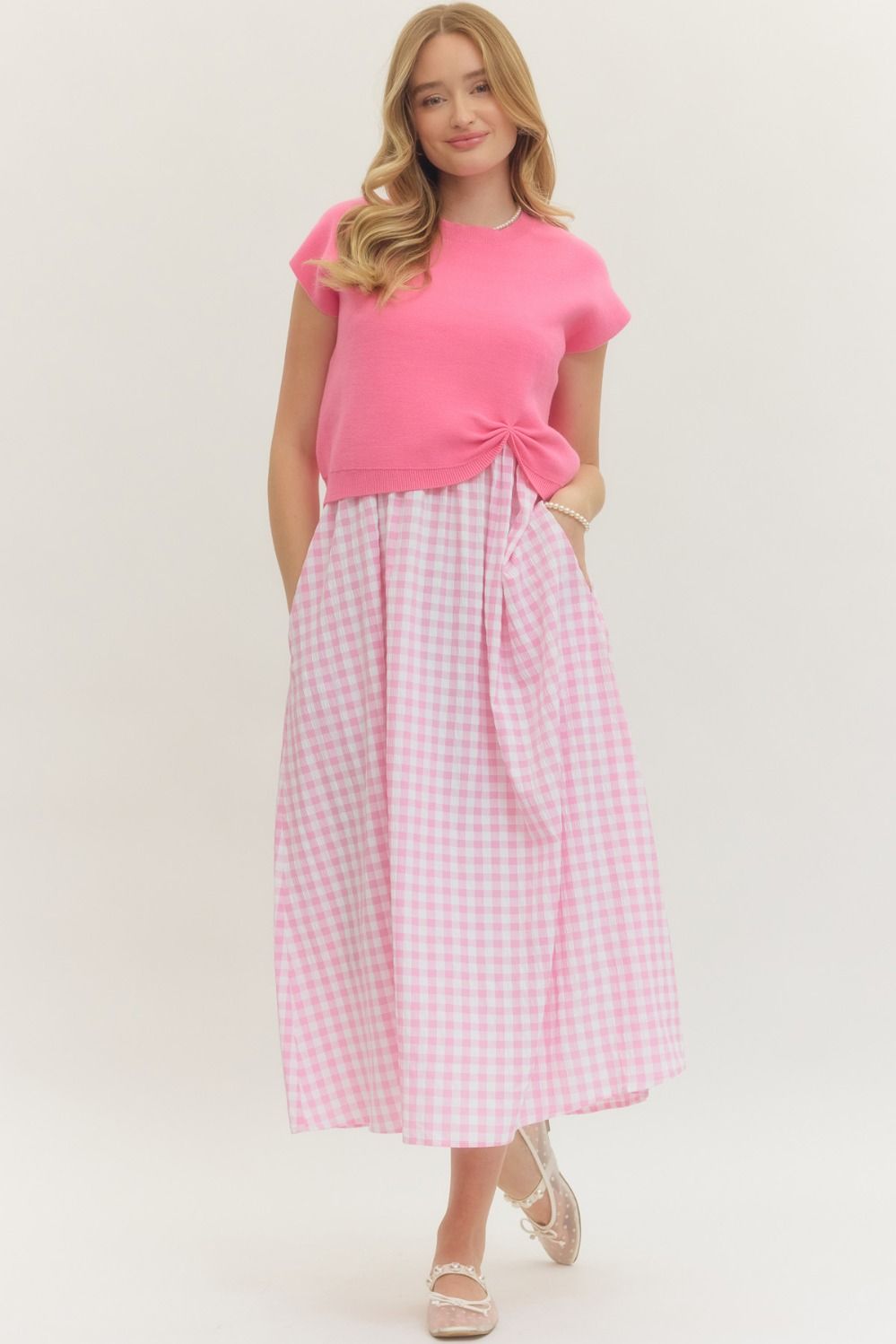 ENTRO Gingham Midi Dress With Removable Pullover In Pink