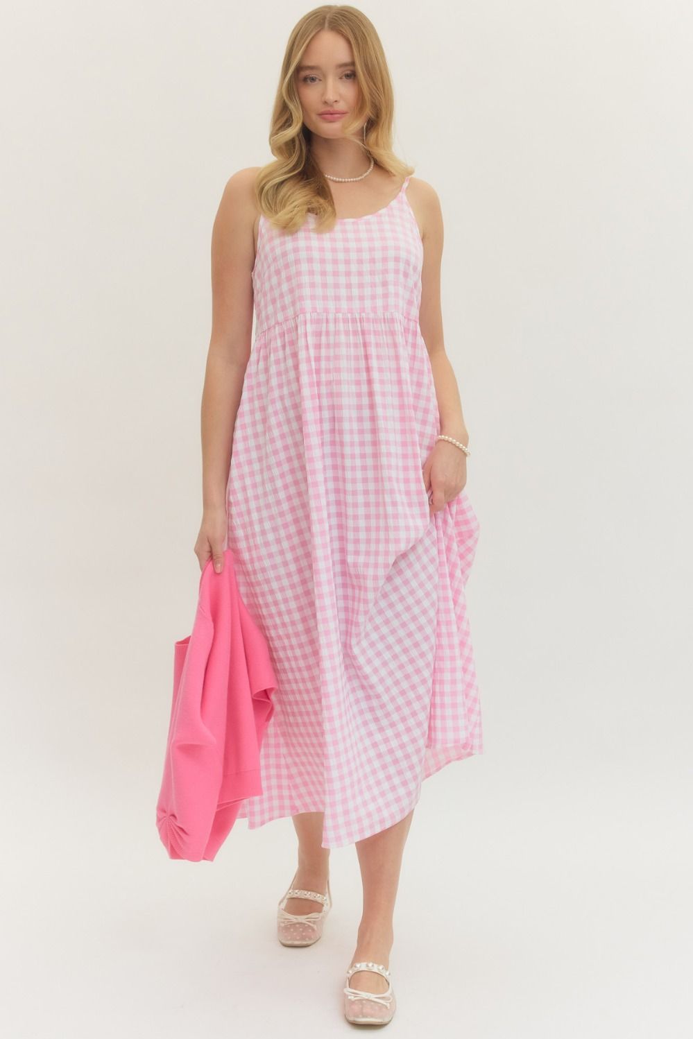 ENTRO Gingham Midi Dress With Removable Pullover In Pink