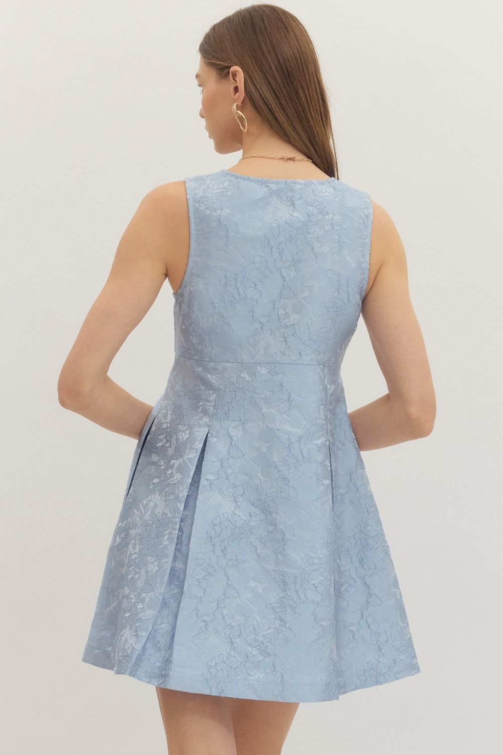 ENTRO Floral Jacuared Sleeveless Mini Dress In Light Blue
