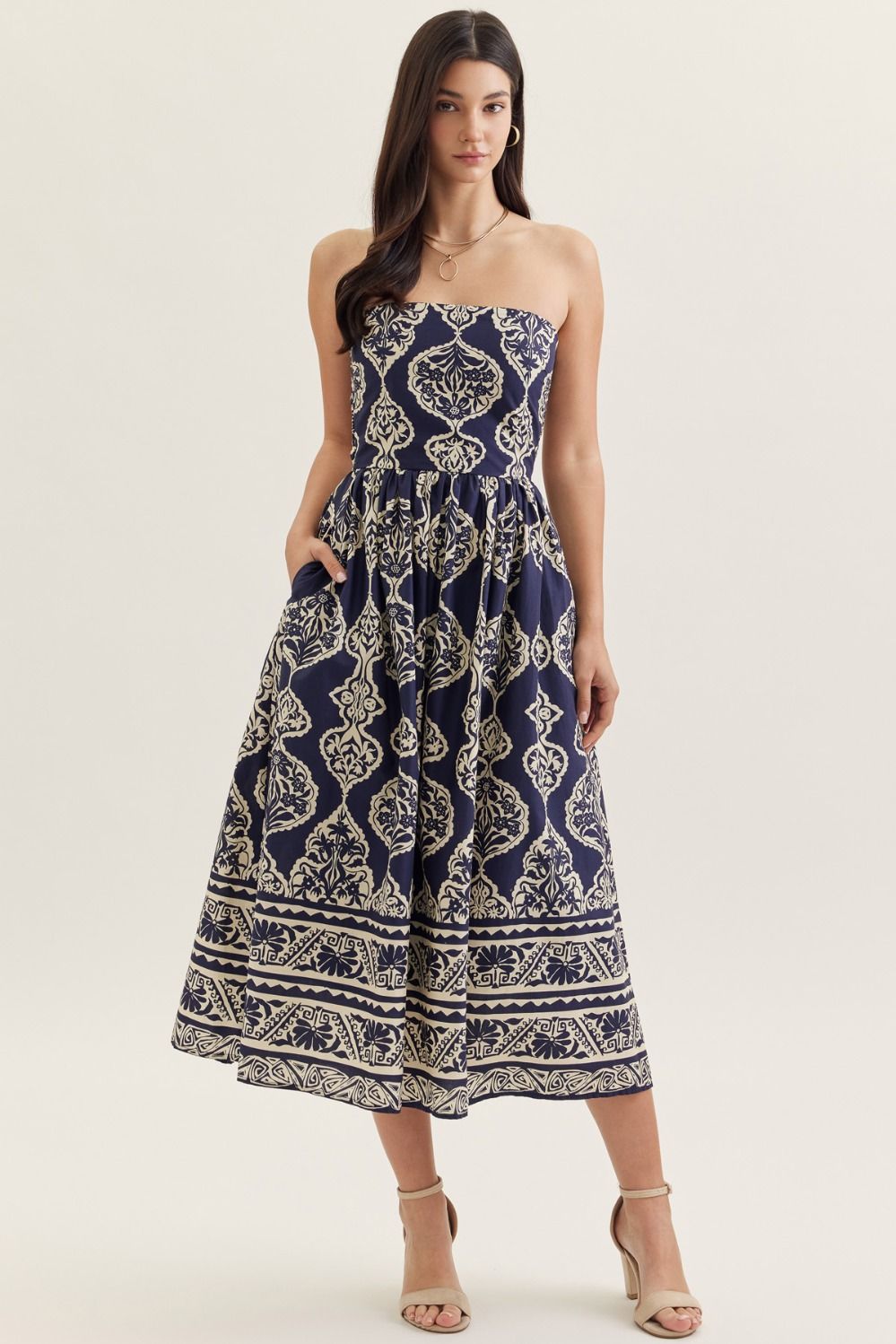 ENTRO Printed Strapless Midi Dress In Navy