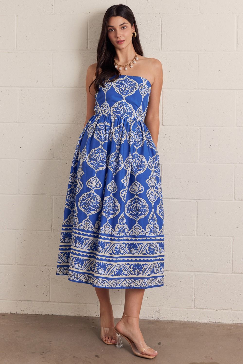 ENTRO Printed Strapless Midi Dress In Royal