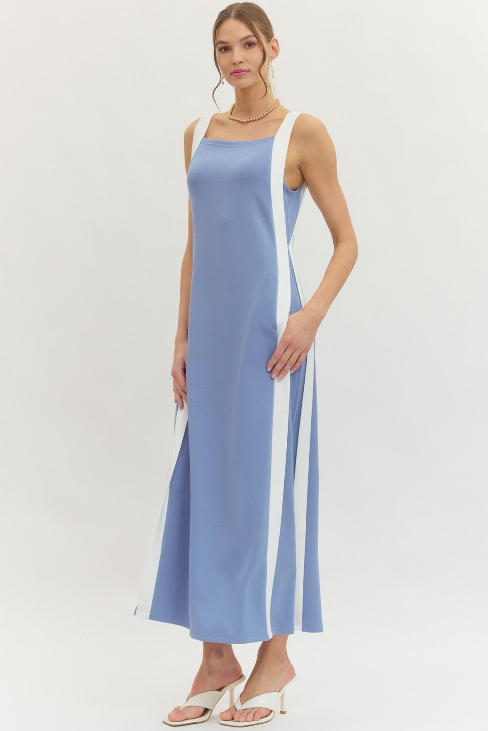 ENTRO Solid Sleeveless Midi Dress With Contrast Side Panel In Blue *COMING SOON*
