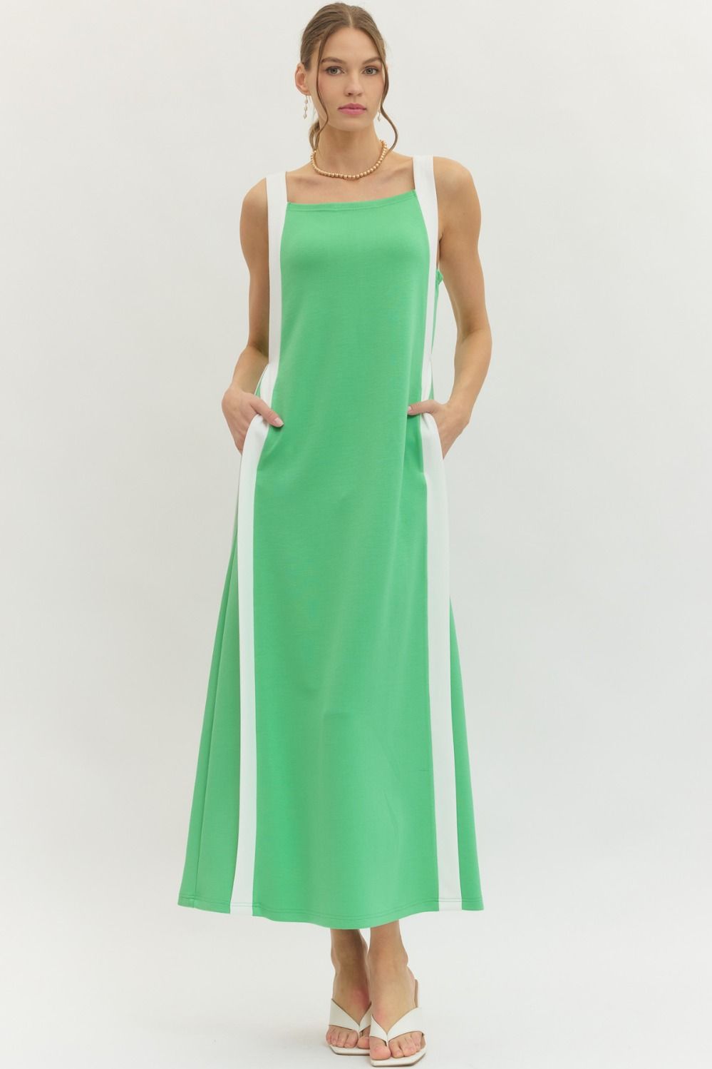 ENTRO Solid Sleeveless Midi Dress With Contrast Side Panel In Green *COMING SOON*