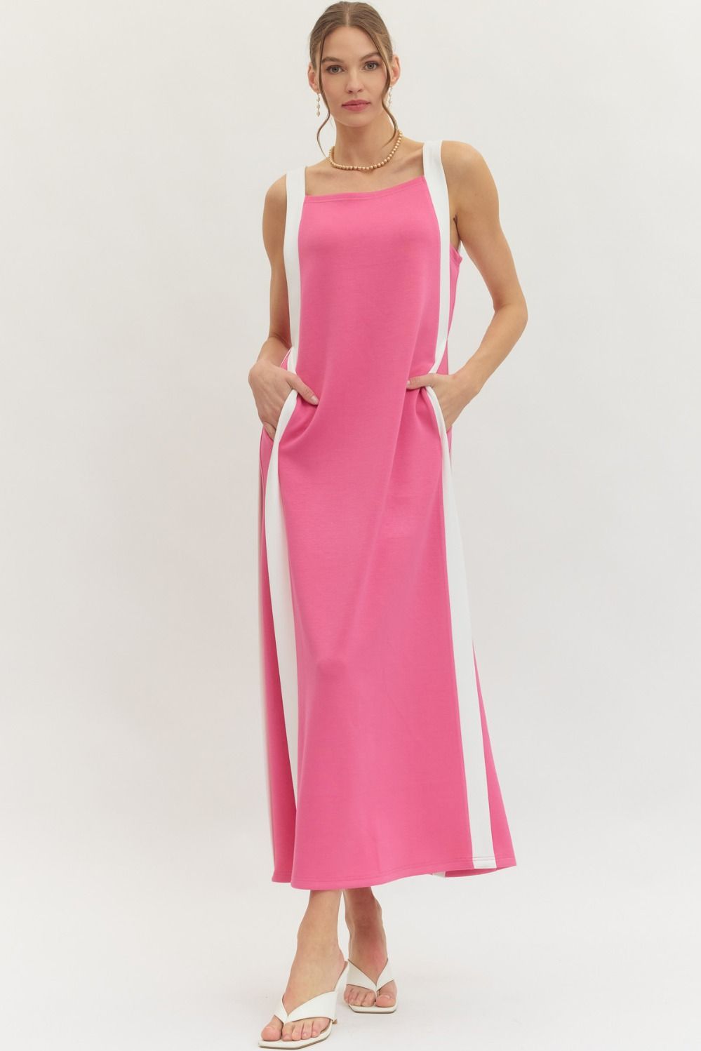 ENTRO Solid Sleeveless Midi Dress With Contrast Side Panel In Pink *COMING SOON*