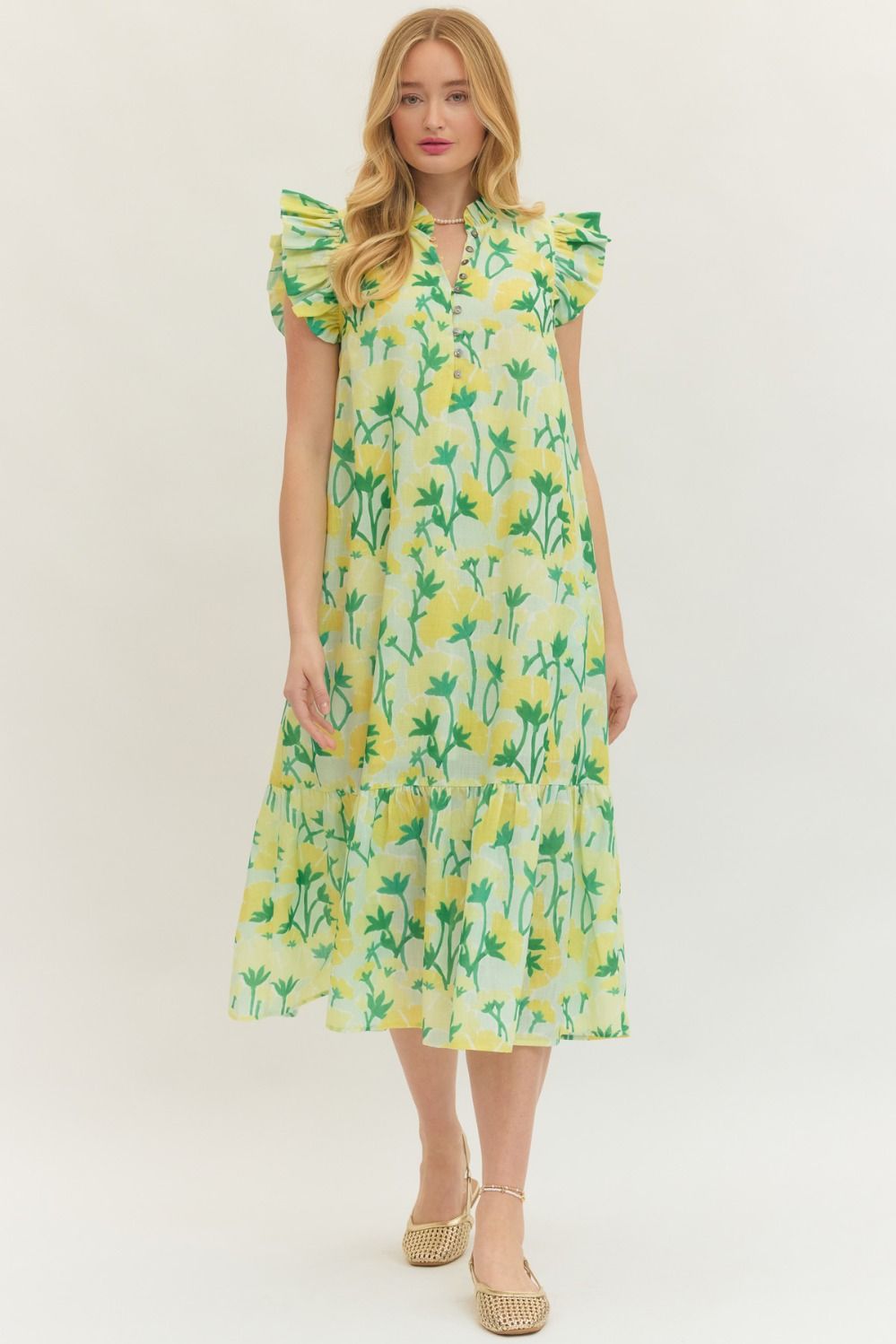 ENTRO Flower Print Flutter Sleeve Midi Dress In Green *COMING SOON*
