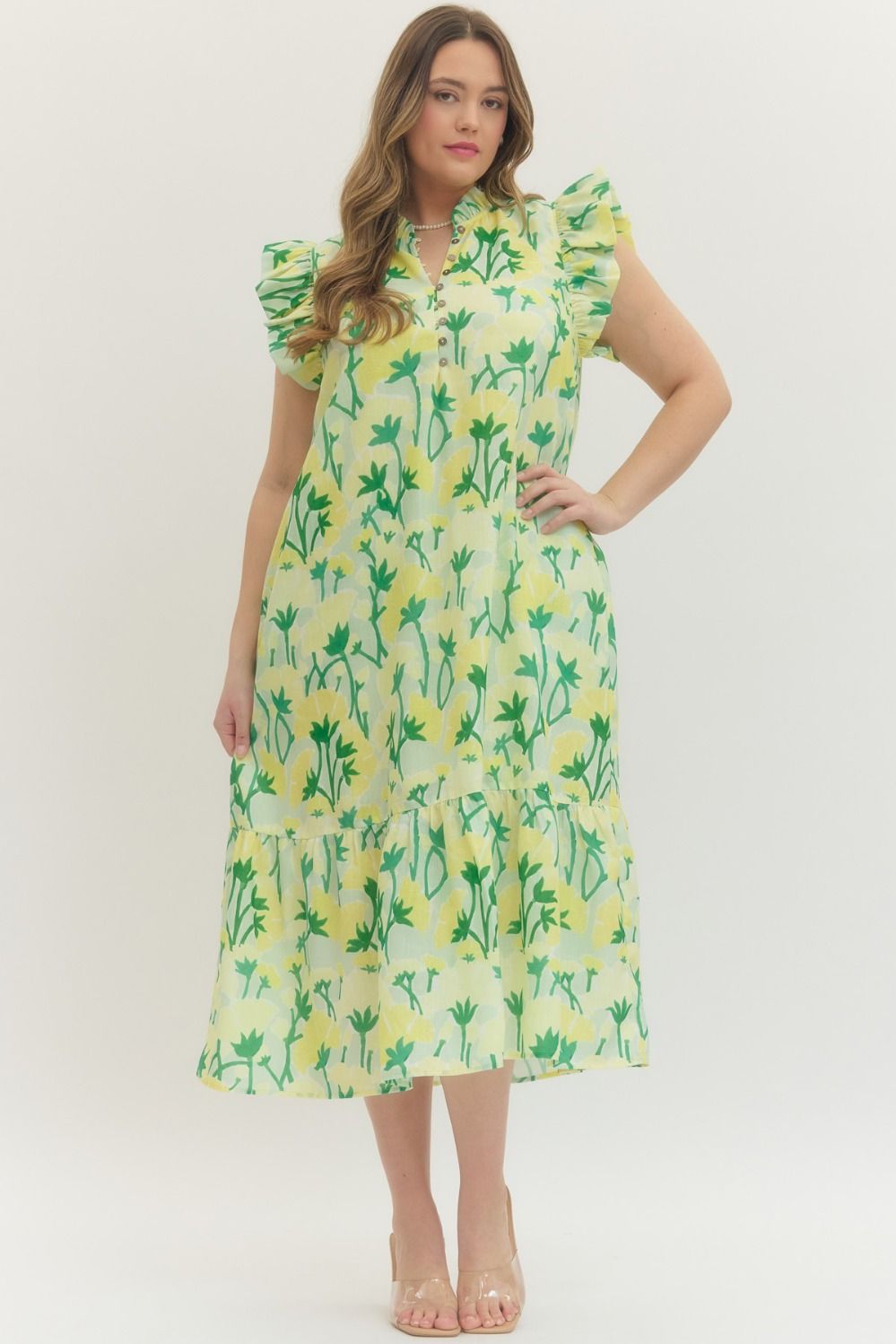 Entro Floral Print Flutter Sleeve Midi Dress In Green PLUS Size *COMING SOON*