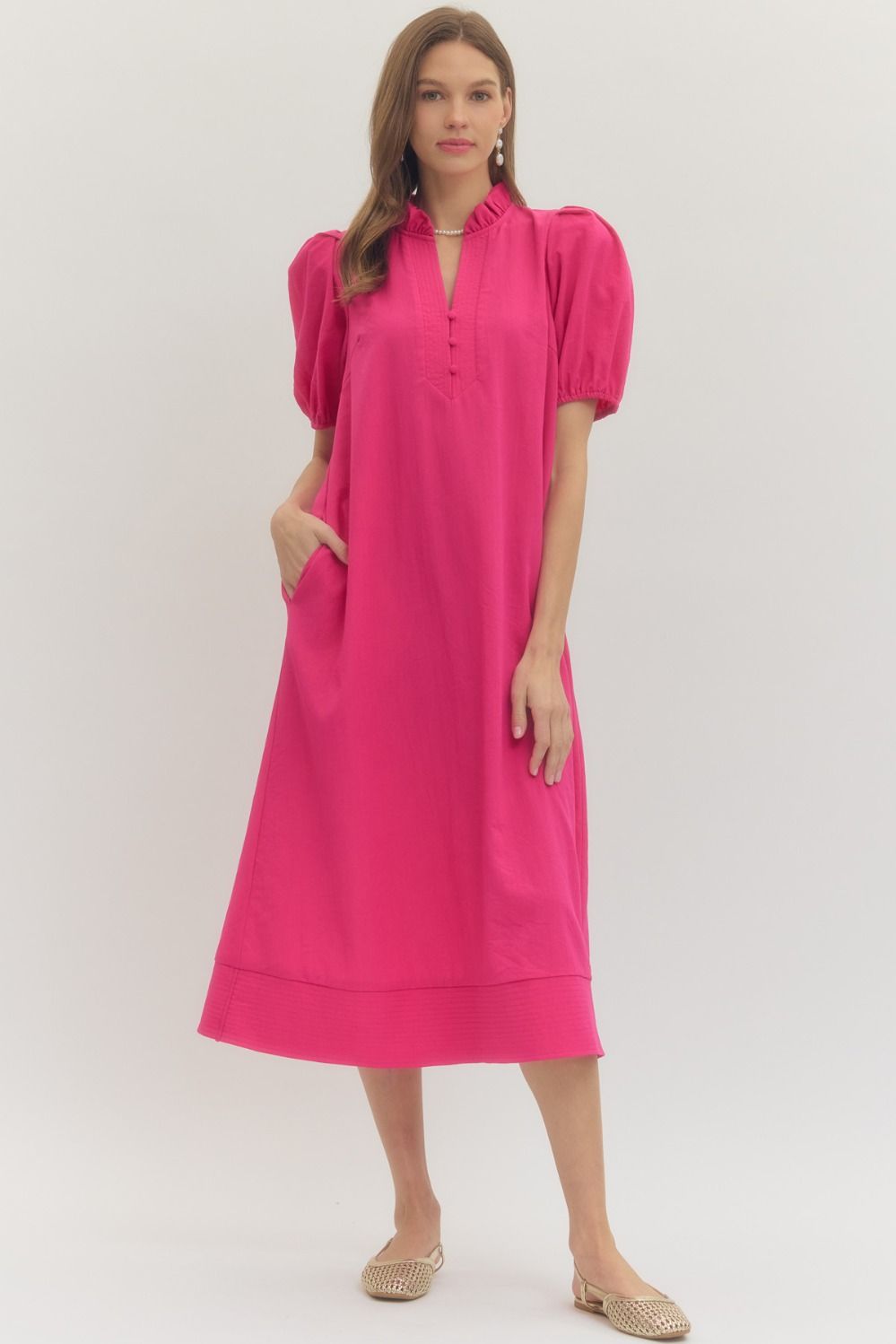 ENTRO Solid Short Puff Sleeve Midi Dress With V Neck In Hot Pink