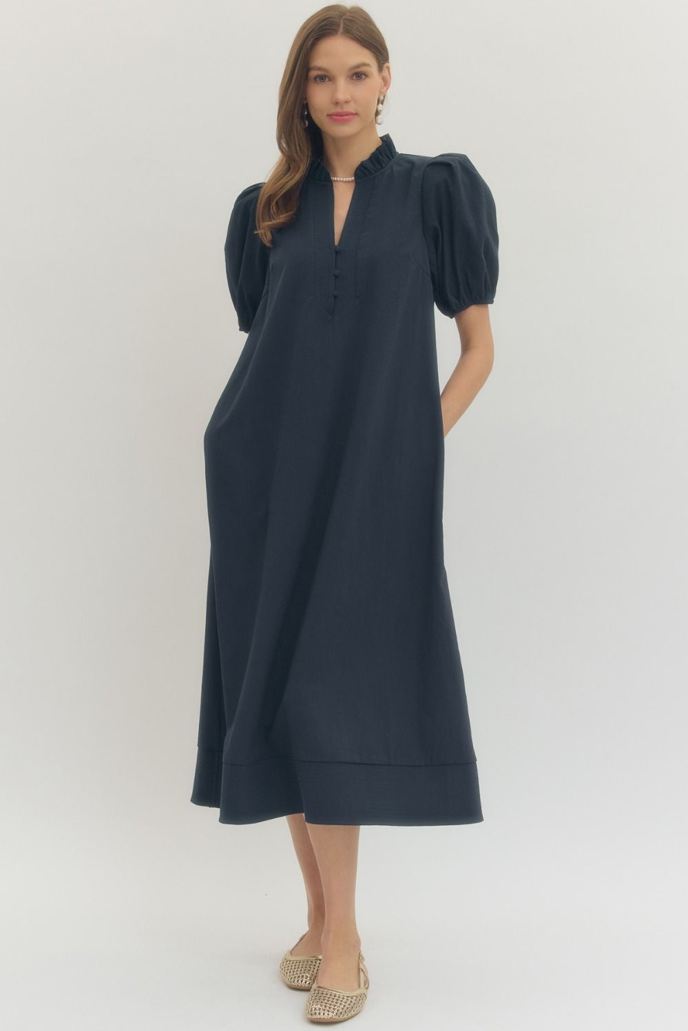ENTRO Solid Short Puff Sleeve Midi Dress With V Neck In Navy