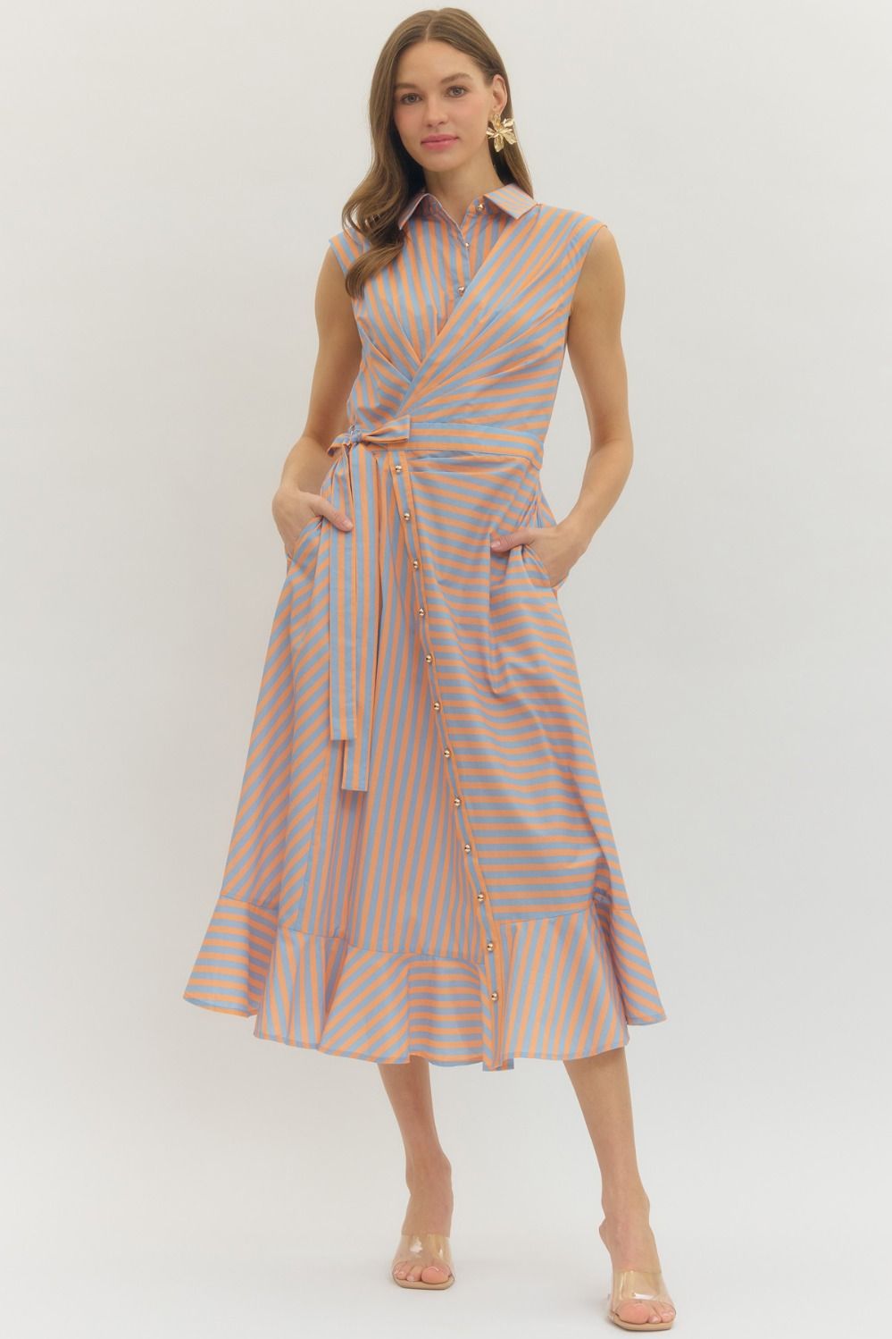 ENTRO Striped Sleeveless Midi Dress With Wrap Front In Orange *COMING SOON*