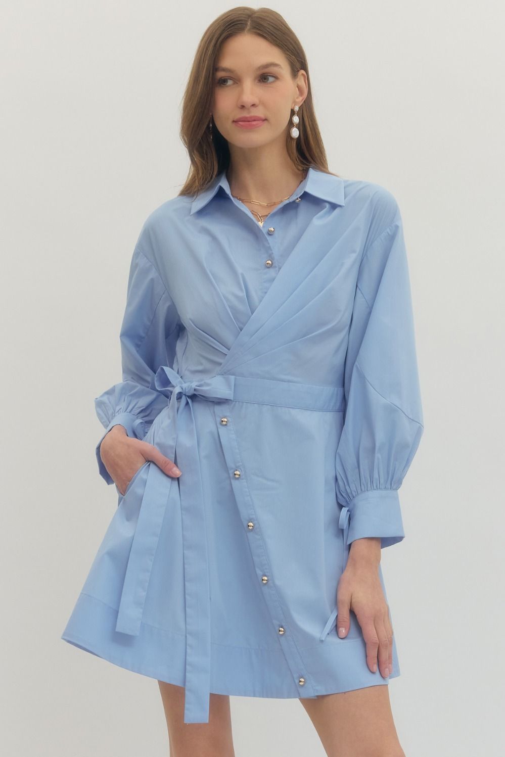 Entro Long Sleeve Mini Wrap Dress In Chambray