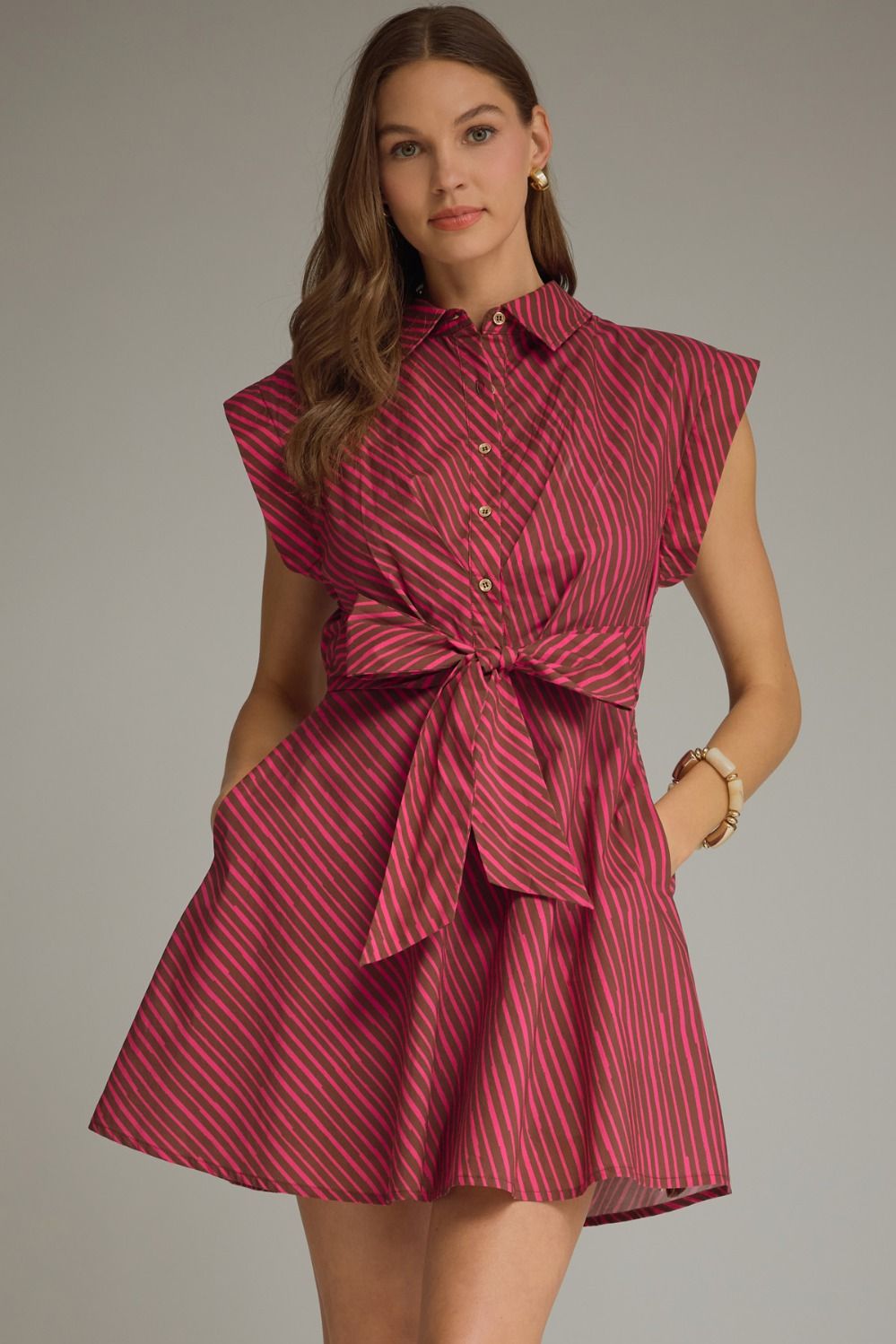 ENTRO Striped Cap Sleeve Mini Dress With Tie Waist In Brown Fuchsia