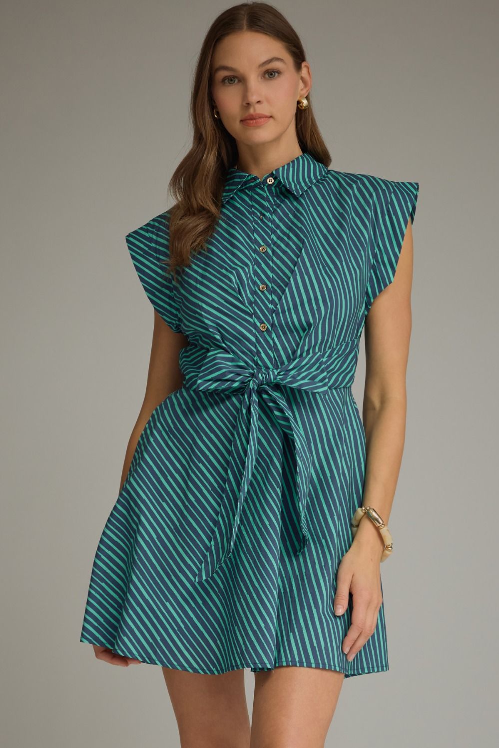 ENTRO Striped Cap Sleeve Mini Dress With Tie Waist In Midnight