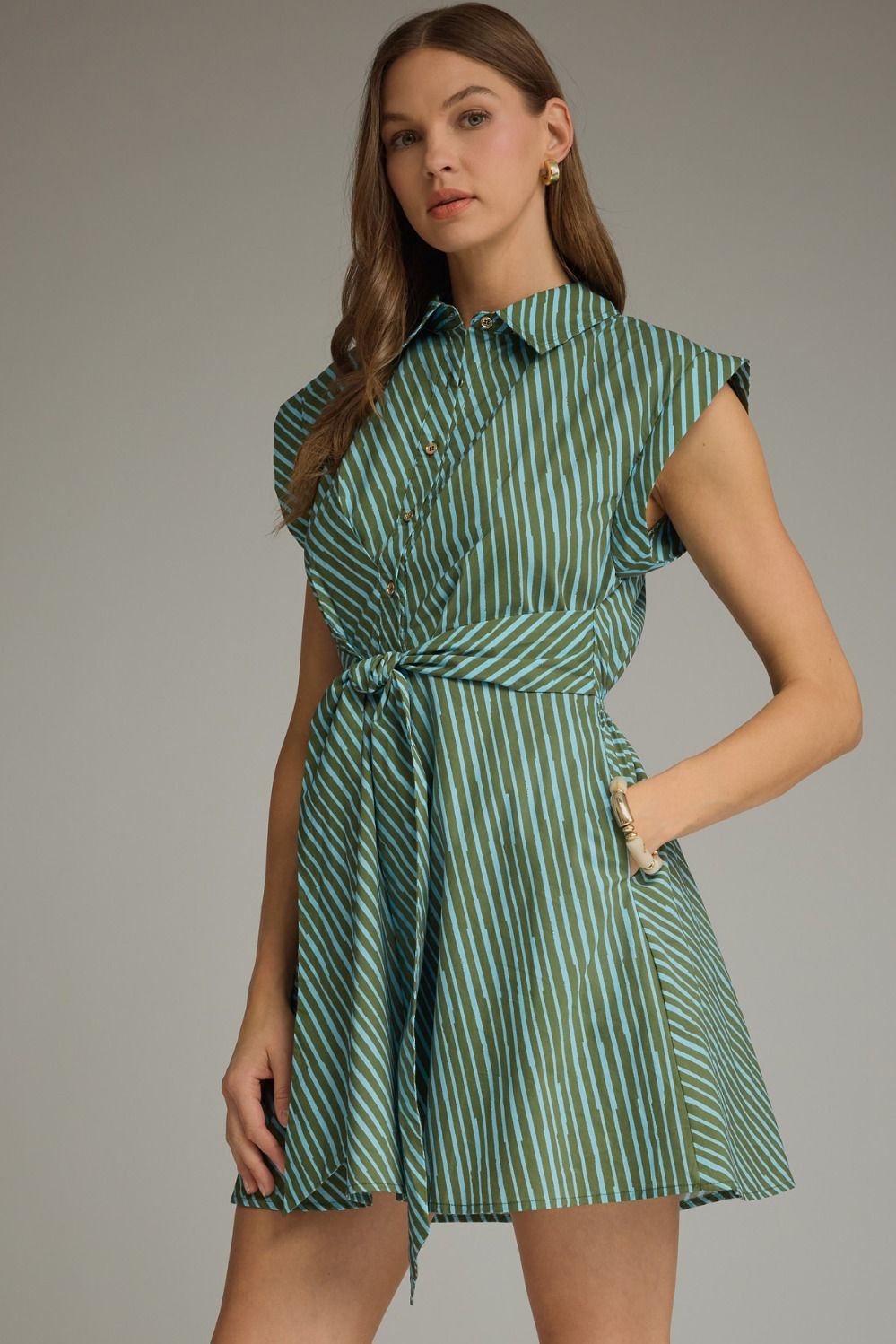 ENTRO Striped Cap Sleeve Mini Dress With Tie Waist In Olive