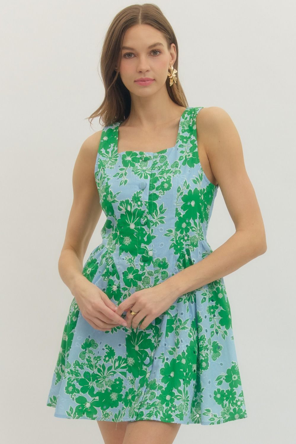 ENTRO Floral Eyelet Sleeveless Mini Dress In Blue