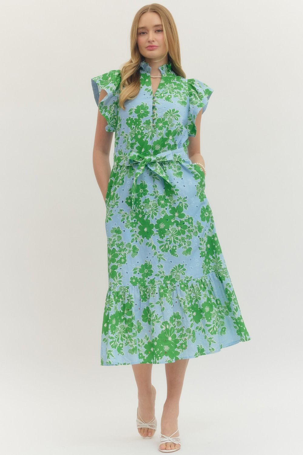 ENTRO Floral Flutter Sleeve Eyelet Dress With Tie Waist In Blue *COMING SOON*