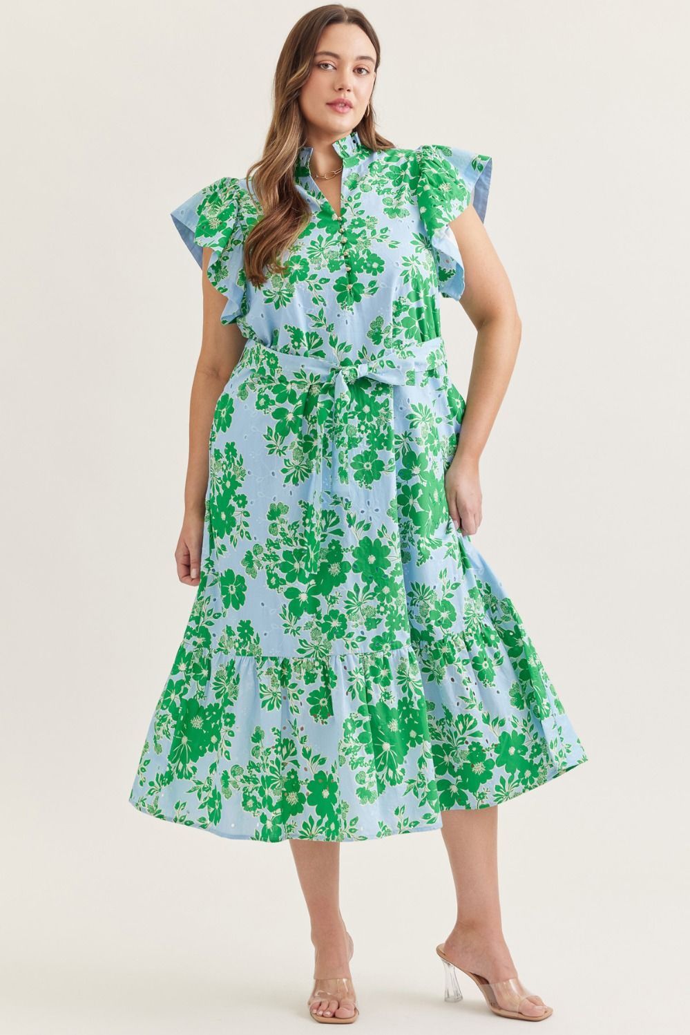 Entro Floral Flutter Sleeve Eyelet Dress With Tie Waist In Blue PLUS Size *COMING SOON*