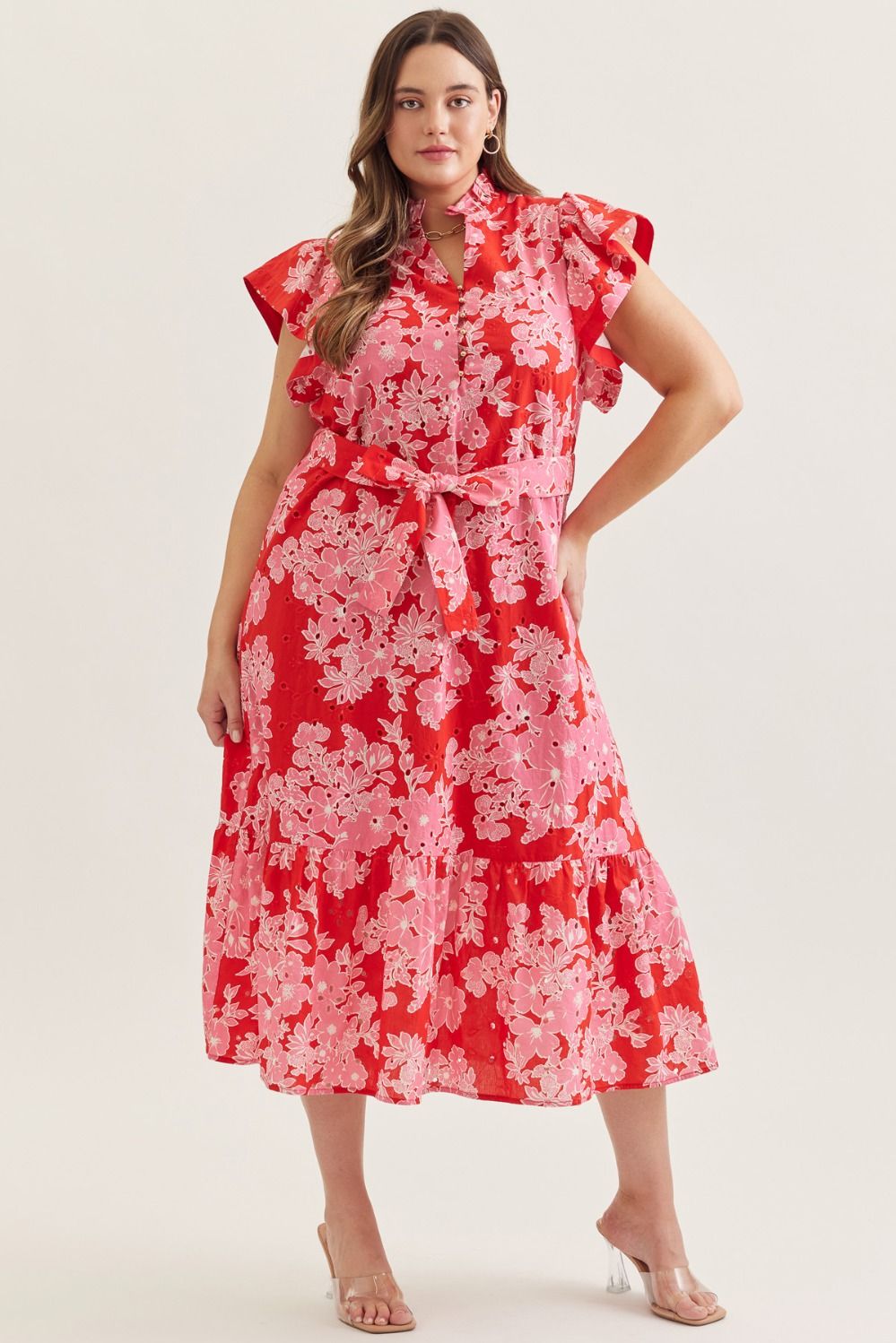 Entro Floral Flutter Sleeve Eyelet Dress With Tie Waist In Red PLUS Size *COMING SOON*