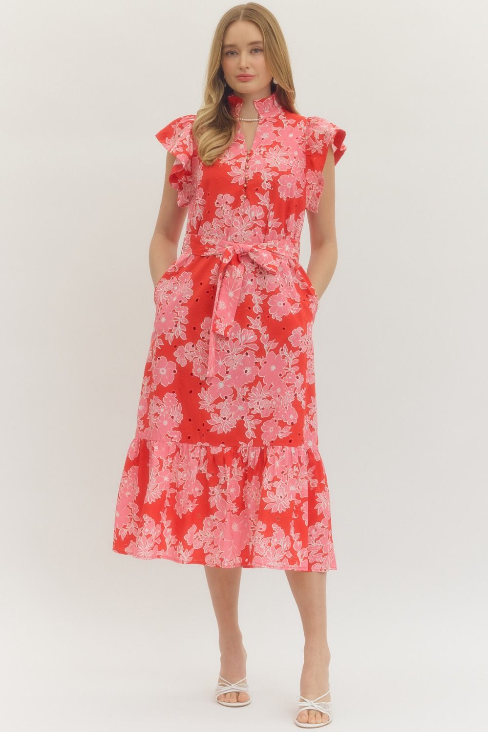 ENTRO Floral Flutter Sleeve Eyelet Dress With Tie Waist In Red *COMING SOON*