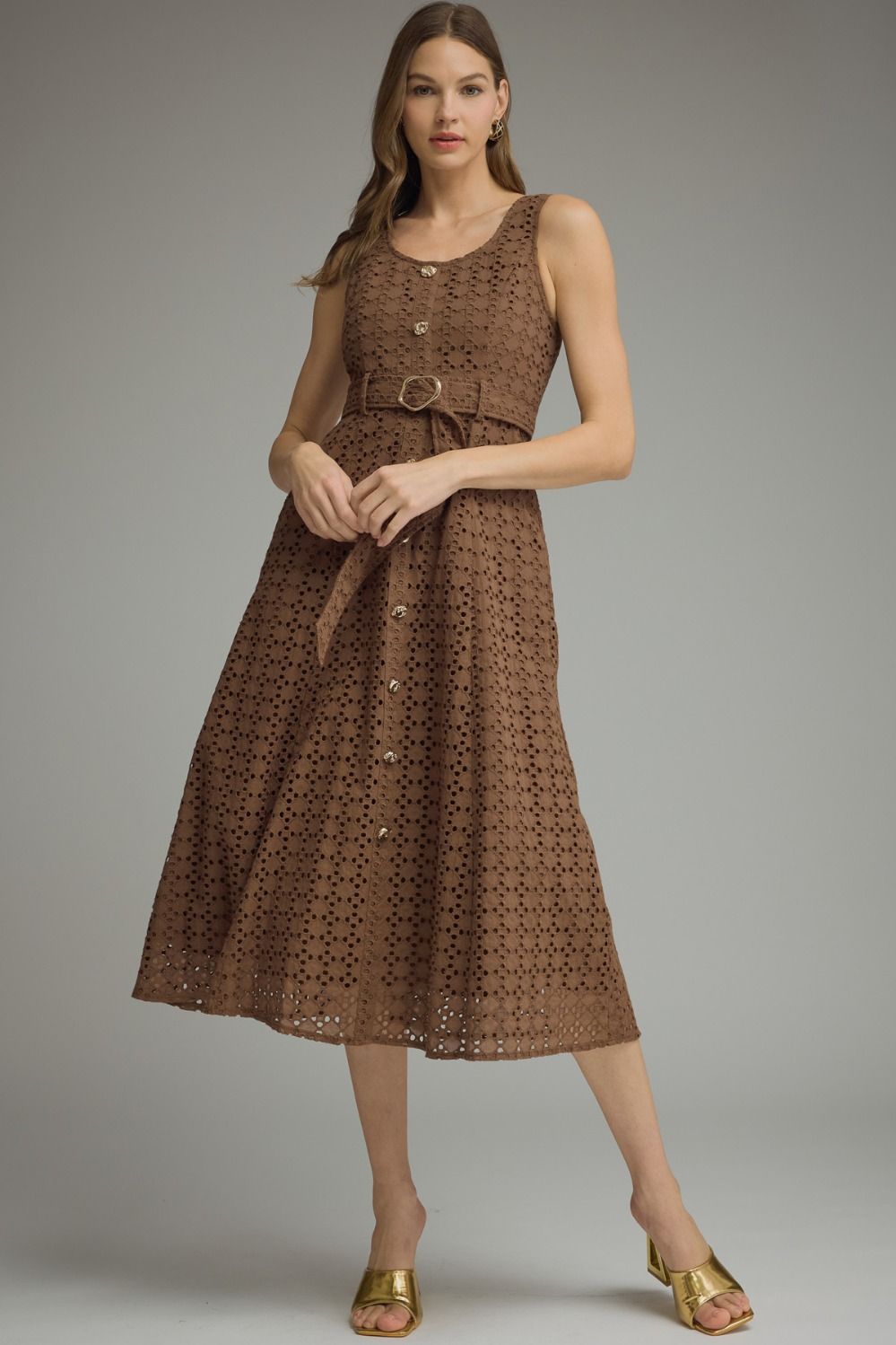 ENTRO Solid Sleeveless Eyelet Midi Dress With Belt In Brown
