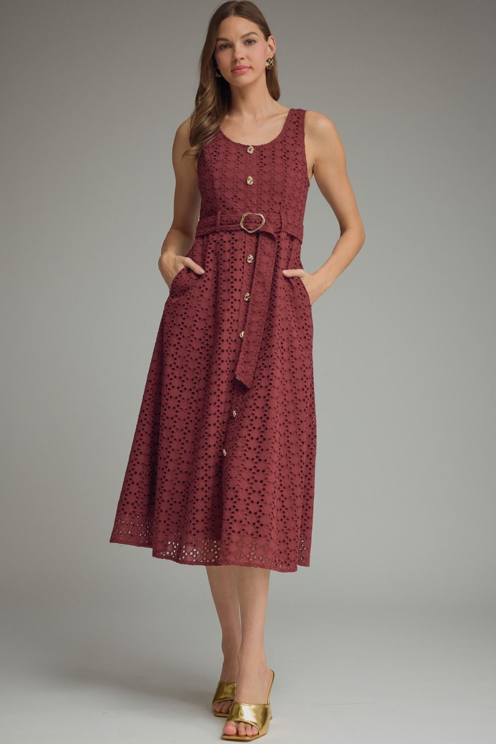 ENTRO Solid Sleeveless Eyelet Midi Dress With Belt In Burgundy *COMING SOON*