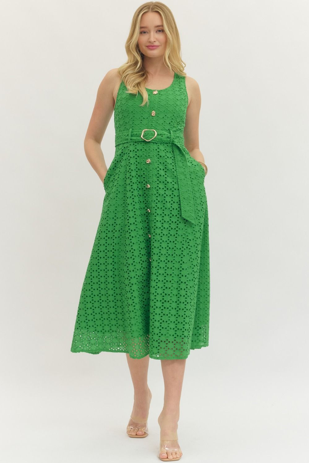 Entro Solid Sleeveless Eyelet Midi Dress In Green
