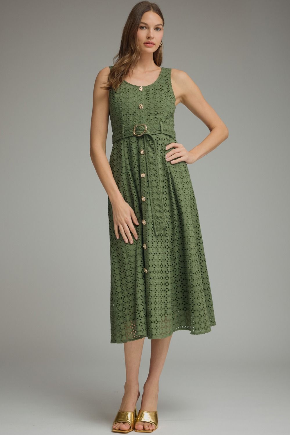 ENTRO Solid Sleeveless Eyelet Midi Dress With Belt In Olive