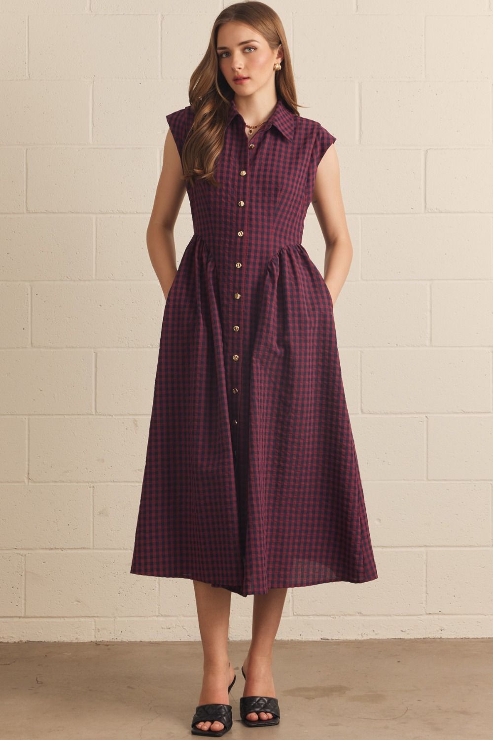 ENTRO Gingham Sleeveless Midi Dress In Burgundy *COMING SOON*