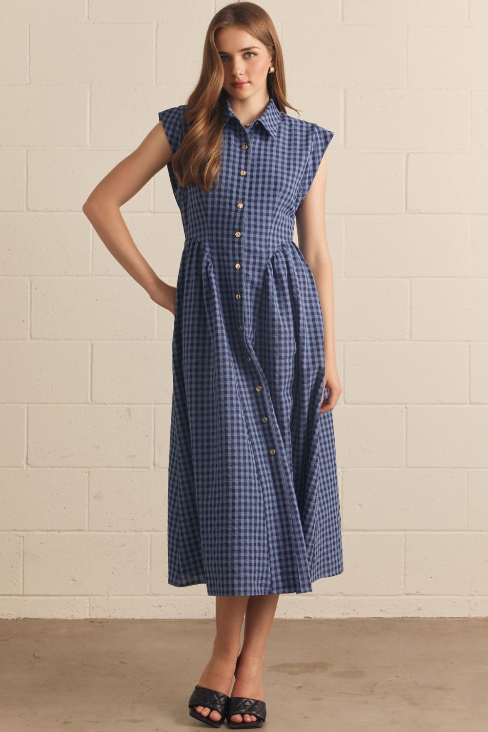 ENTRO Gingham Sleeveless Midi Dress In Navy *COMING SOON*