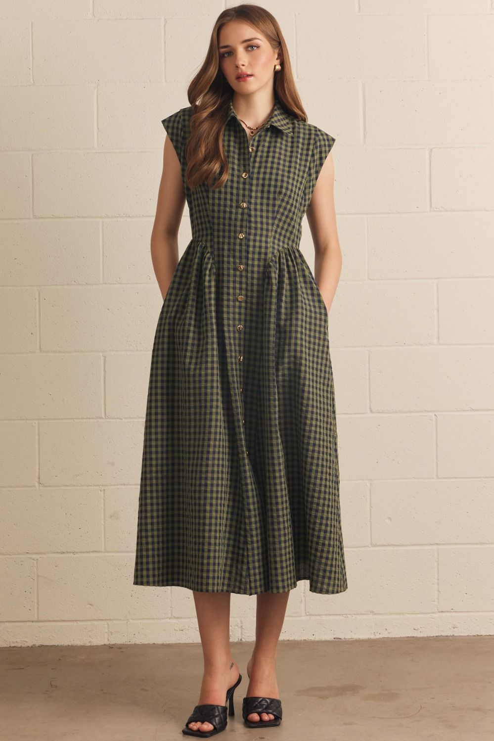 ENTRO Gingham Sleeveless Midi Dress In Olive *COMING SOON*