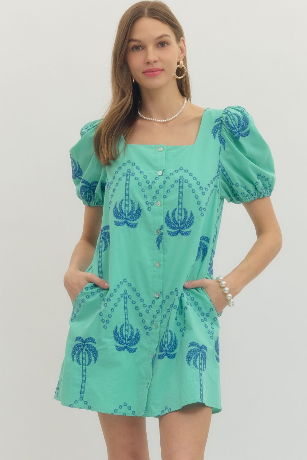ENTRO Palm Tree Embroidered Mini Dress In Mint *COMING SOON*
