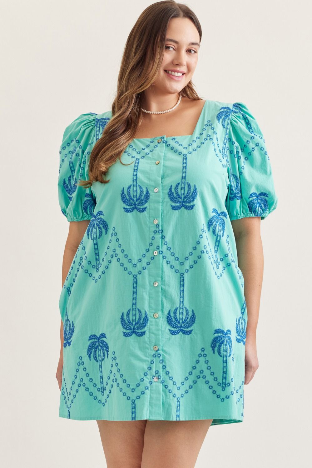 Entro Palm Tree Embroidered Mini Dress In Mint PLUS Size *COMING SOON*