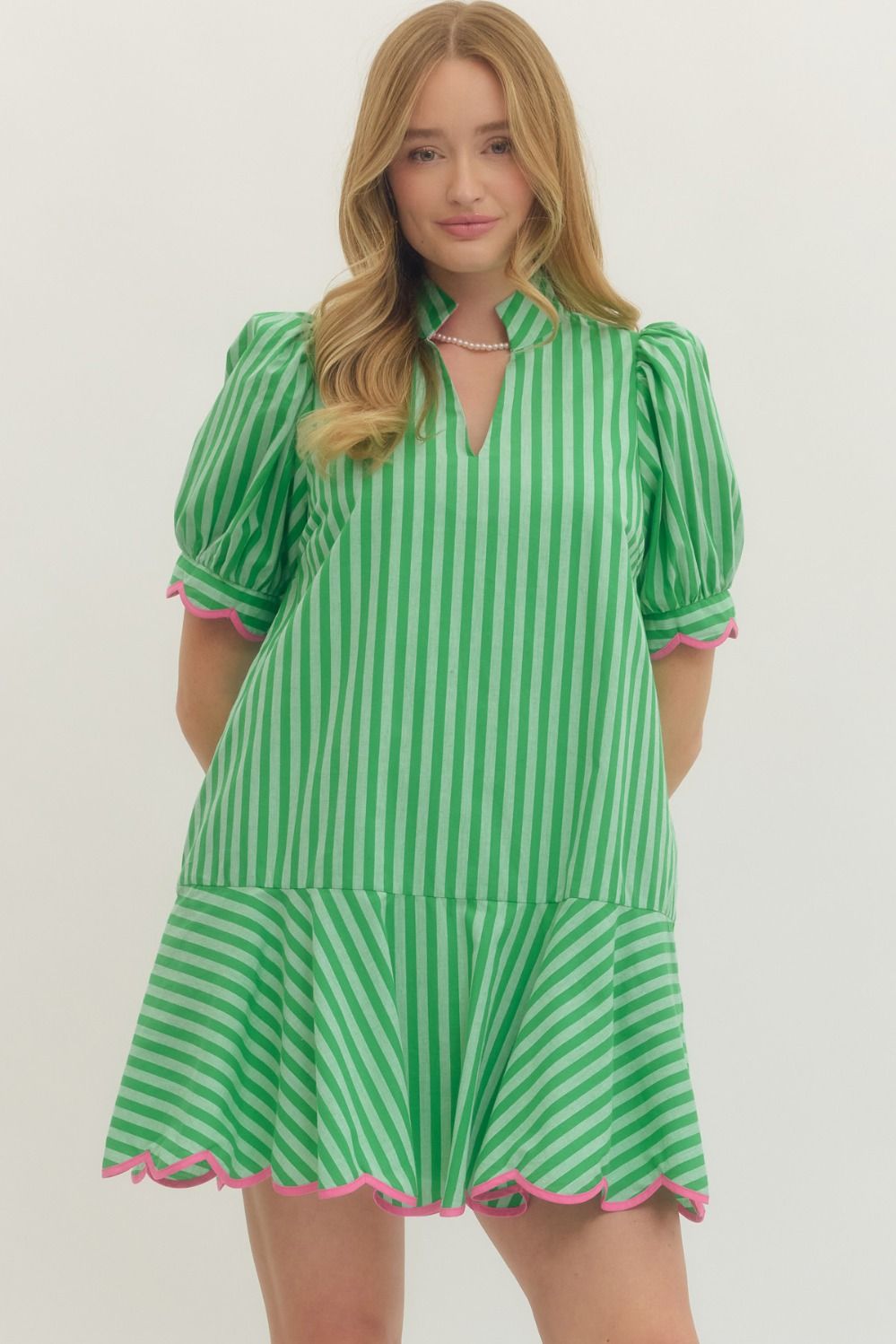 ENTRO Striped Puff Sleeve Mini Dress With Contrast Trim In Green