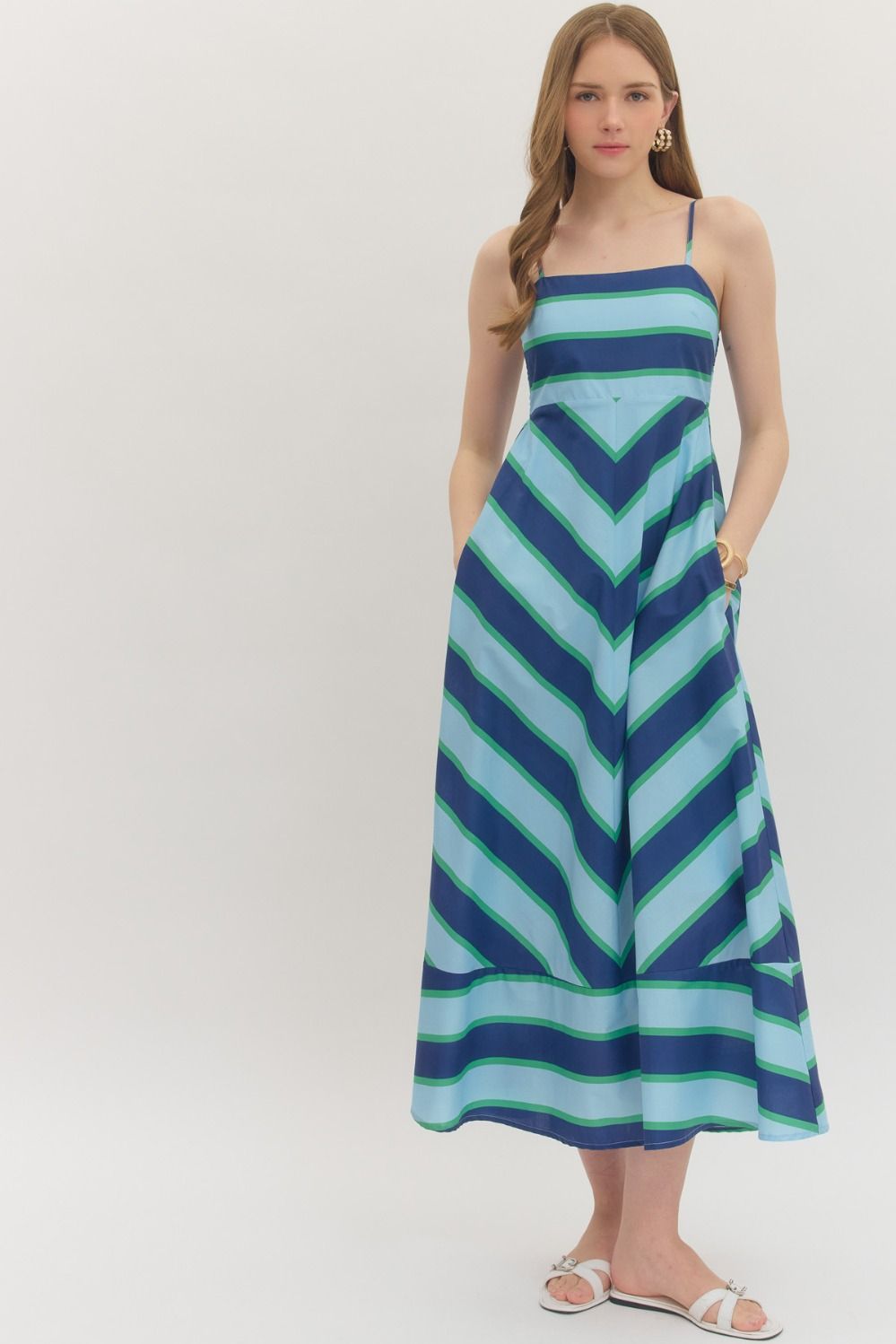 ENTRO Bold Stripe Midi Dress In Navy