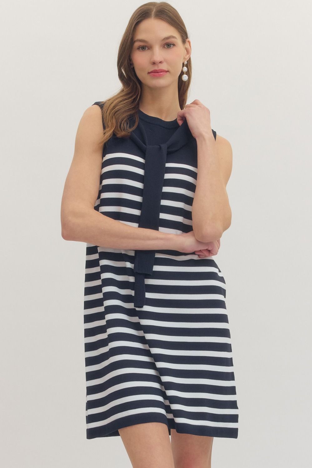 ENTRO Striped Sleeveless Mini Dress With Knit Scarf Tie In Navy