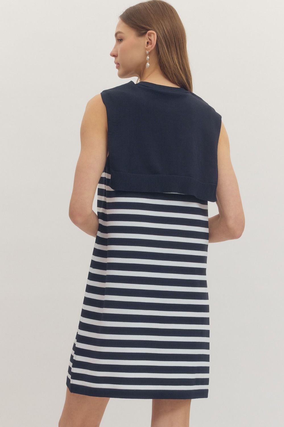 ENTRO Striped Sleeveless Mini Dress With Knit Scarf Tie In Navy