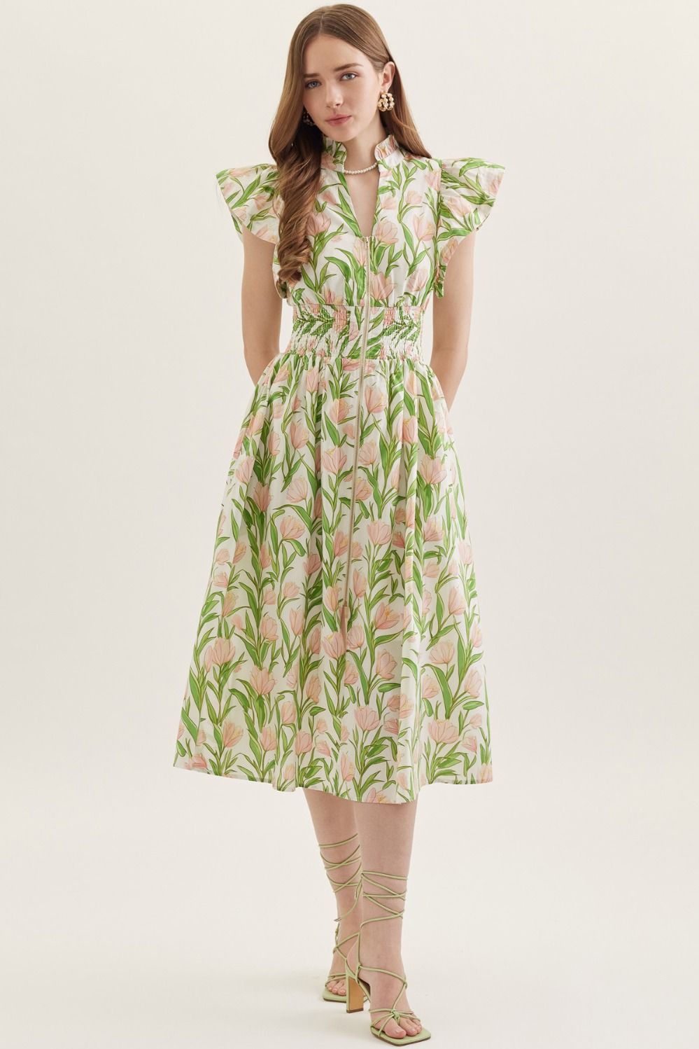ENTRO Botanical Print Cap Sleeve Midi Dress In Cream