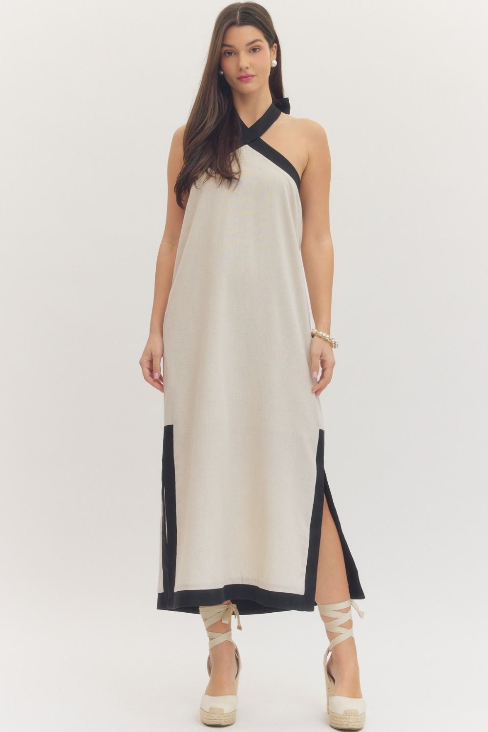 ENTRO Halter Neck Midi Dress In Linen