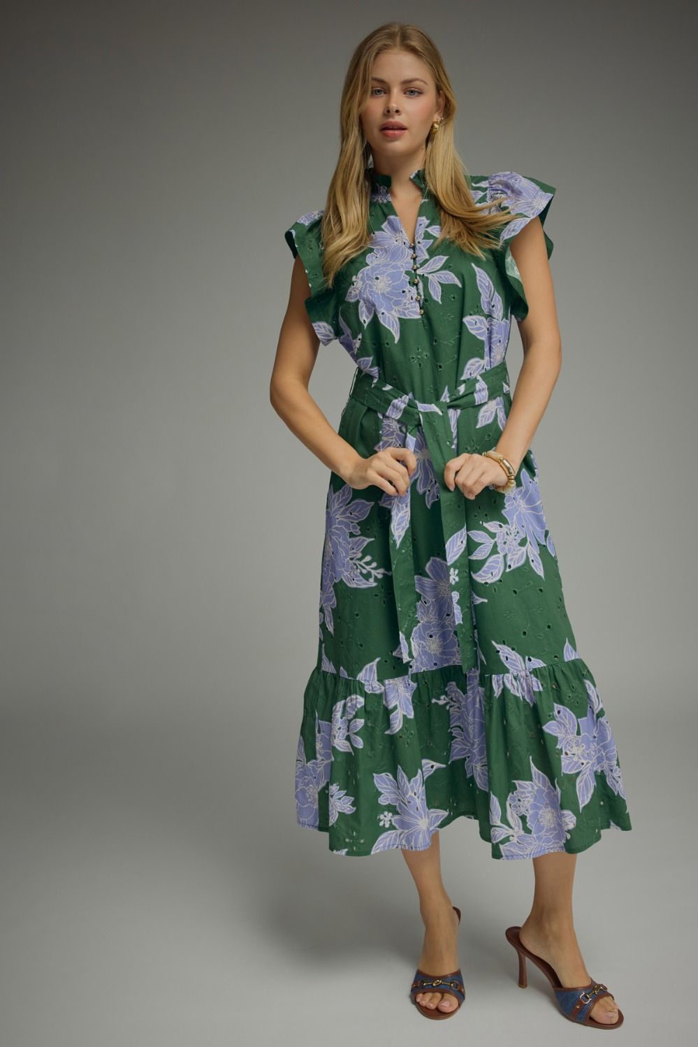 ENTRO Floral Print Eyelet Midi Dress In Hunter Green