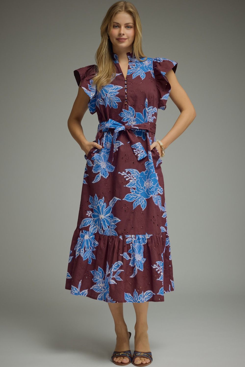 ENTRO Floral Print Eyelet Midi Dress In Wine