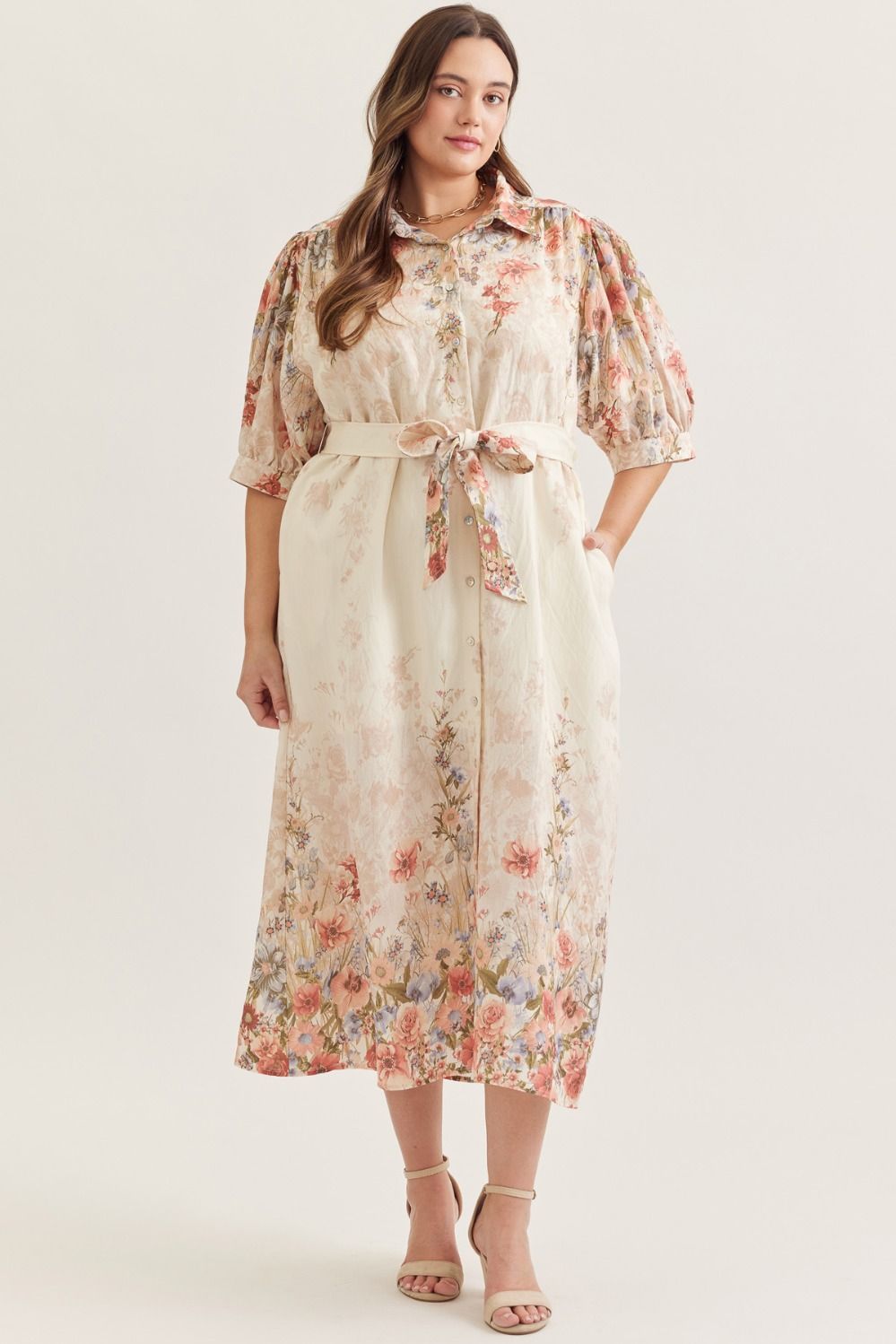 ENTRO Botanical Print Short Puff Sleeve Midi Dress In Rosey Multi PLUS Sizes